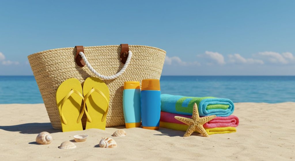 Beach essentials arranged on sand with ocean view in background.