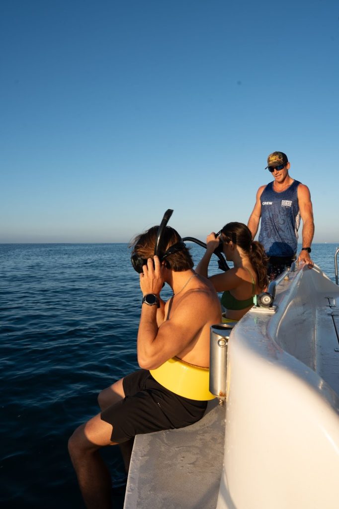 People preparing to snorkel from a boat in a calm ocean. 
