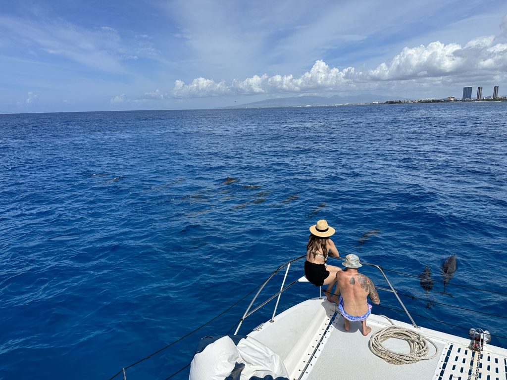 Guests spotting dolphins on a sunrise boat tour in Oahu
