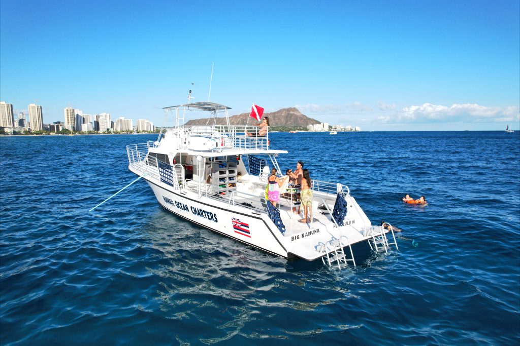 Big Kahuna boat anchored off Waikiki, guests swimming