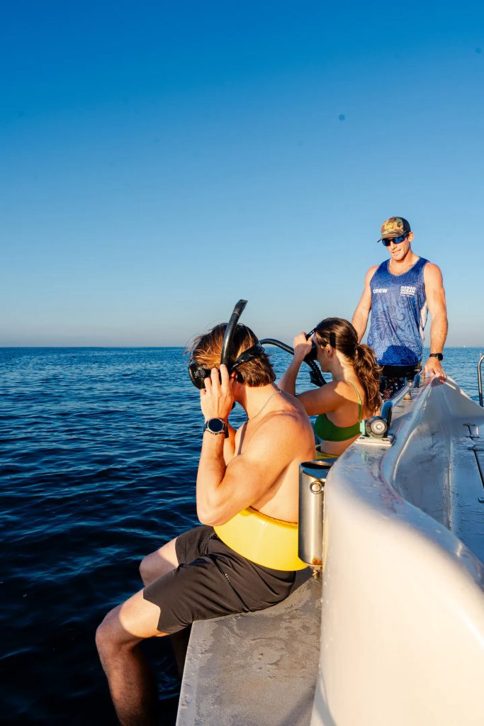 Two guests adjusting their snorkeling masks and flotation gear before entering the water with a Hawaii Ocean Charters guide in Waikiki.