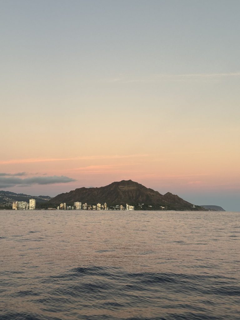 Waikiki coastline and Diamond Head at sunset
